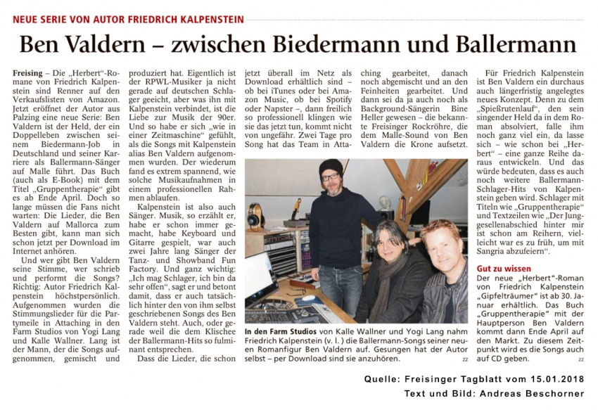 Artikel über den neuen Star Mallorcas Ben Valdern aus dem Freisinger Tagblatt. Auf dem Bild sieht man den Friedrich Kalpenstein im Tonstudio gemeinsam mit Yogi Lang und Kalle Wallner im Tonstudio am Mischpult.