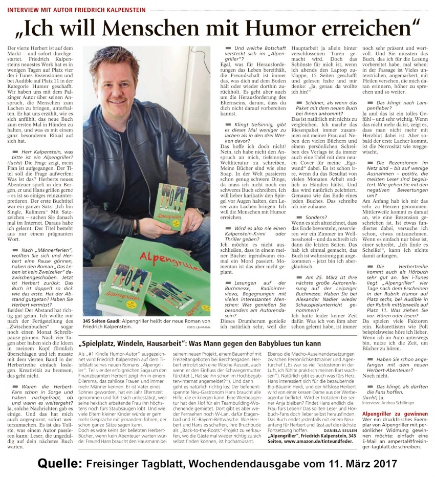Artikel aus dem Freisinger Tagblatt über den Herbert-Roman Alpengriller von Friedrich Kalpenstein. Auf dem Bild sitzt der Autor und hält seinen neuen Roman in der Hand. Auf dem Tisch vor ihm sind weitere Exemplare des Buches Alpengriller.