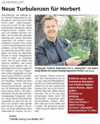Vorschaubild: Artikel aus dem Freisinger Forum zu Friedrich Kalpensteins Roman Alpengriller aus der Herbert-Reihe. Auf dem Bild hält er drei Exemplare seines Romans aufgefächert in der Hand.
