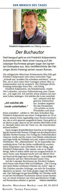 Vorschaubild: Artikel aus dem Münchner Merkur über Friedrich Kalpenstein in der Rubrik: Der Mensch des Tages. Auf dem Bild ist ein Portrait des Autors zu sehen.