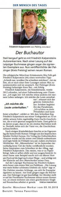 Vorschaubild: Artikel aus dem Münchner Merkur über Friedrich Kalpenstein in der Rubrik: Der Mensch des Tages. Auf dem Bild ist ein Portrait des Autors zu sehen.