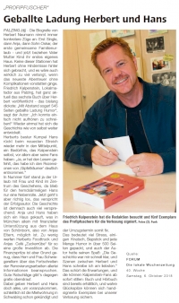 Vorschaubild: Artikel im Forum zu Profipfuscher. Auf dem Bild signiert Friedrich Kalpenstein seinen neuen Roman.