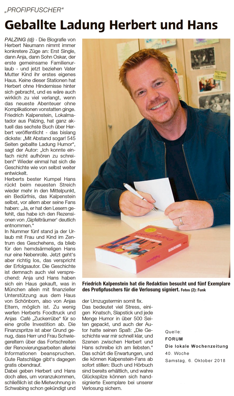 Artikel im Forum zu Profipfuscher. Auf dem Bild signiert Friedrich Kalpenstein seinen neuen Roman.