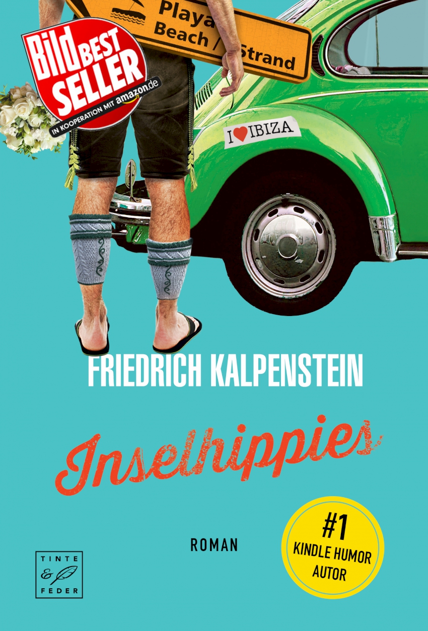 Cover von Inselhippies, dem siebten Teil der erfolgreichen Herbert-Reihe. Herbert steht vor einem grünen VW Käfer. Er trägt in der einen Hand einen Brautstrauß, in der anderen hält er ein Verkehrsschild mit der Aufschrift: Playa, Beach, Strand. Herbert trägt eine knielange Lederhose, Wadenwärmer und FlipFlops. Auf dem Cover sind ebenfalls zwei Buttons aufgedruckt. Button 1: #1 Kindle Humor Autor. Button 2: BILD Bestseller.