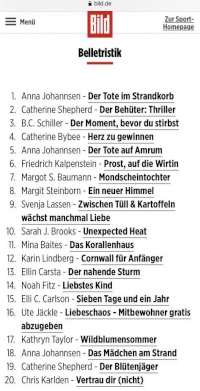 Vorschaubild: Das Bild zeigt die Bestsellerliste der Tageszeitung BILD. Prost, auf die Wirtin, der erste Provinzkrimi von Bestseller-Autor Friedrich Kalpenstein schafft es in der ersten Woche auf Platz 6.