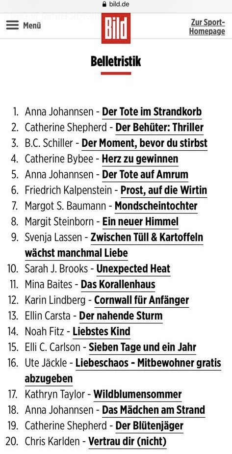 Das Bild zeigt die Bestsellerliste der Tageszeitung BILD. Prost, auf die Wirtin, der erste Provinzkrimi von Bestseller-Autor Friedrich Kalpenstein schafft es in der ersten Woche auf Platz 6.