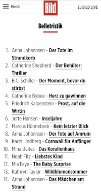 Vorschaubild: Das Bild zeigt die BILD Bestsellerliste der Kalenderwoche 30 aus dem Jahr 2020. Dort hat es der Provinzkrimi von Friedrich Kalpenstein auf Platz 5 geschafft. Somit stieg der Krimi in der zweiten Woche nach dem Erscheinen um einen Platz.