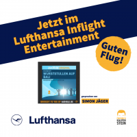 Vorschaubild: Wurststullen auf Bali gibt es jetzt im Lufthansa Inflight Entertainment. Auf dem Bild ist das Cover des Hörbuches von Friedrich Kalpenstein zu sehen. Darunter das Lufthansa Logo sowie das Logo vin Kalpenstein. Gesprochen wird das Hörbuch von Simon Jäger.