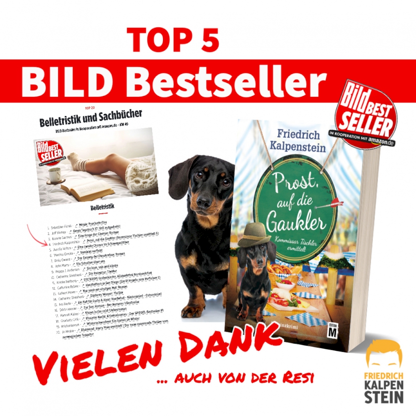 Prost, auf die Gaukler ist Platz 4 auf der BILD-Bestsellerliste, KW 49/2022. Vielen Dank an alle Leserinnen und Leser für die Treue. Das Hörbuch zum Buch gibt es bei Audible, gelesen von Helmfried von Lüttichau.