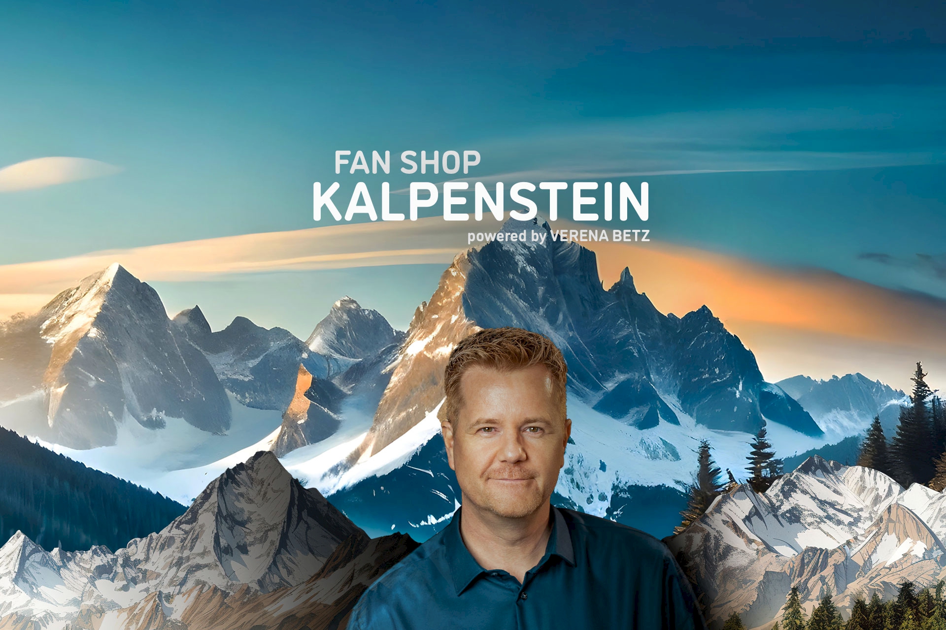 Auf dem Bild ist Friedrich Kalpenstein vor einer Bergkette im Abendrot zu sehen. Von dieser Seite aus geht es zum Kalpenstein Fan-Shop auf Amazon.