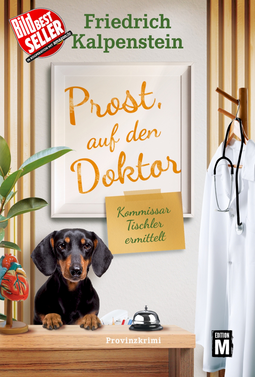 Auf dem Cover ist die Dackeldame Resi zu sehen. Sie sitzt an der Anmeldung einer Arztpraxis. Hinter ihr ist in einem Bilderrahmen der Schriftzug "PROST, AUF DEN DOKTOR" zu sehen.Neben ihr steht ein Kleiderständer mit einem Arztkittel und einem Stethoskop. Oben links ist der Aufkleber "BILB-Bestseller" zu sehen.