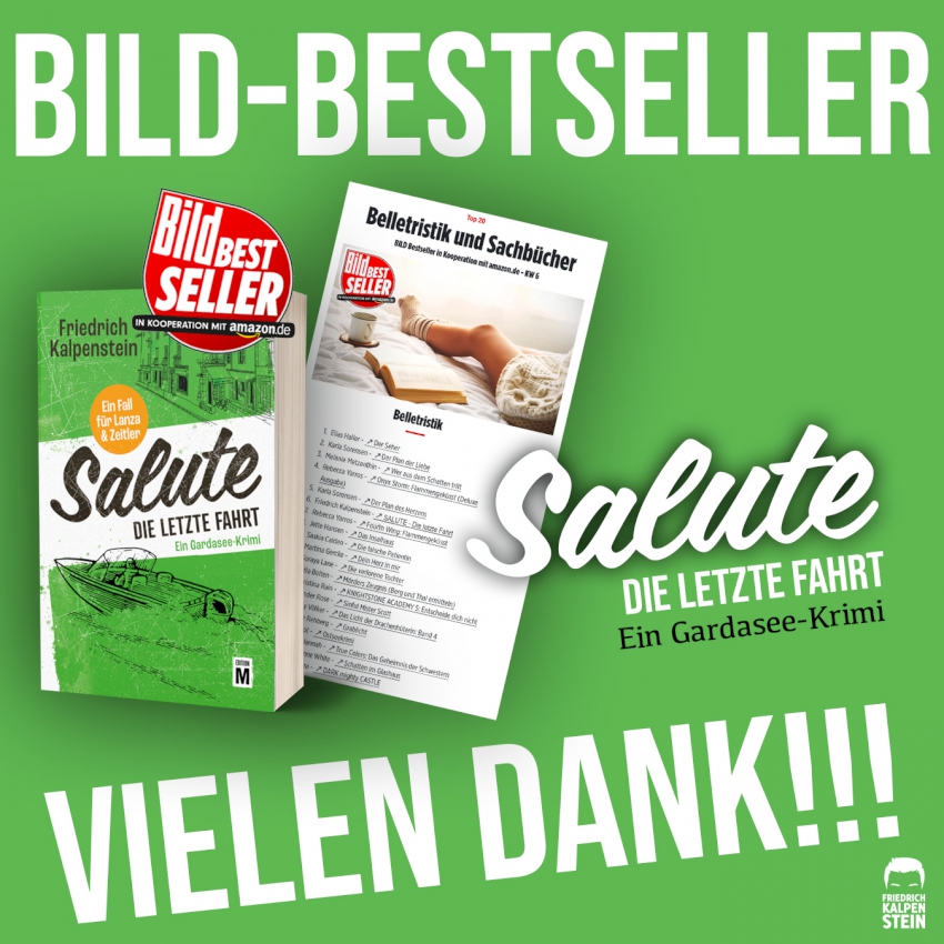 SALUTE - Die letzte Fahrt ist BILD-Bestseller. Zu sehen ist das Cover des Buches mit dem Logo "BILD-Bestseller". Neben dem Buch ist die Bestseller-Liste zu sehen.
