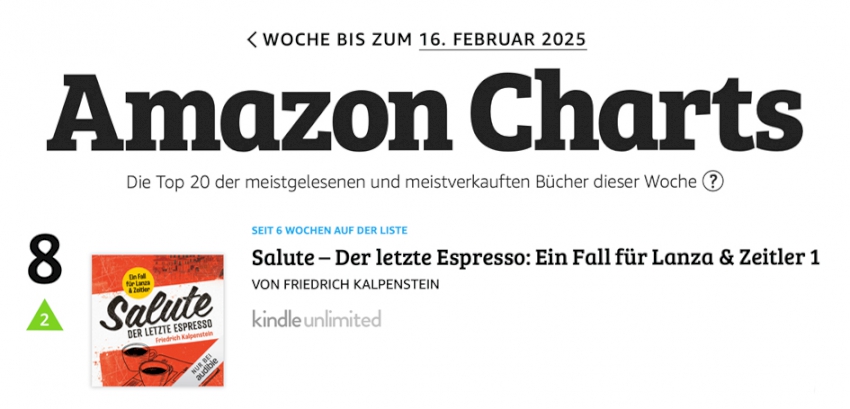 Das Hörbuch zu Salute - Der letzte Espresso ist seit 6 Wochen in den Amazon Charts. Das Bild zeigt den Buchtitel auf der Liste.