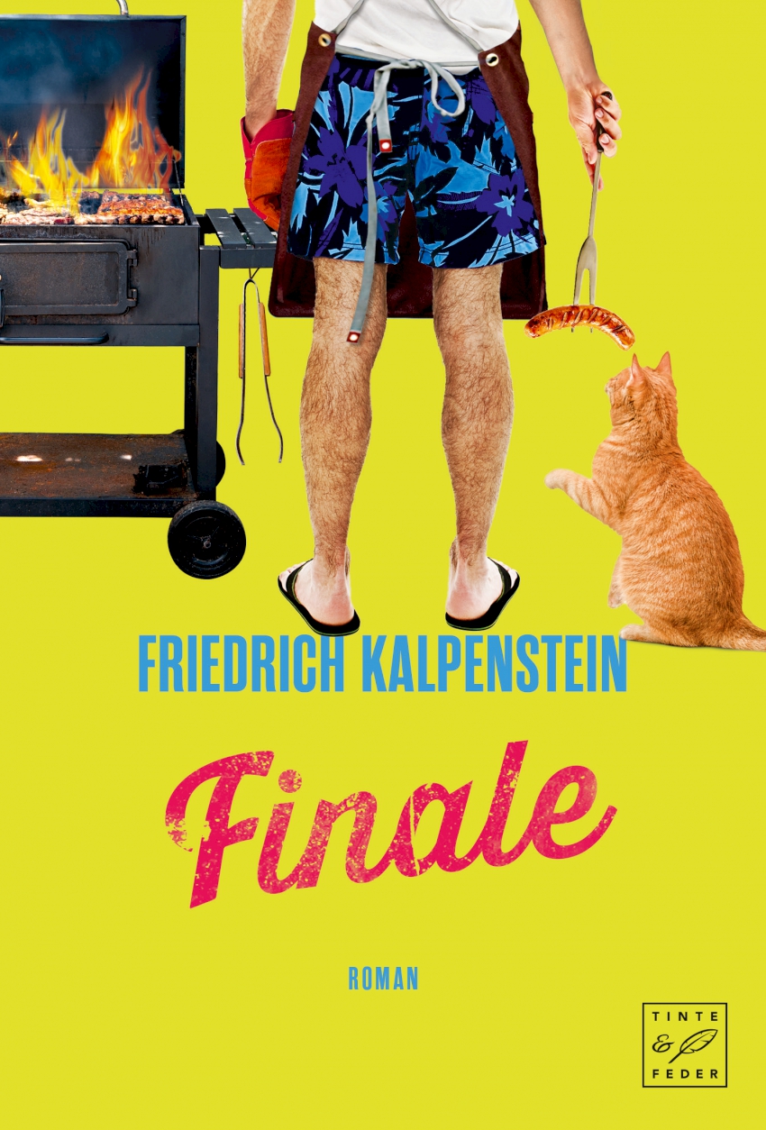 Zu sehen ist das Buchcover zu FINALE, der achte Teil der Herbert-Reihe. Herbert steht mit einer kurzen Hose bekleidet vor einem Grill, aus dem Flammen züngeln. in der rechten Hand hält er eine Grillgabel, an der eine Bratwurst aufgespießt ist. Eine Katze zu seiner Rechten streckt sich nach der Wurst.